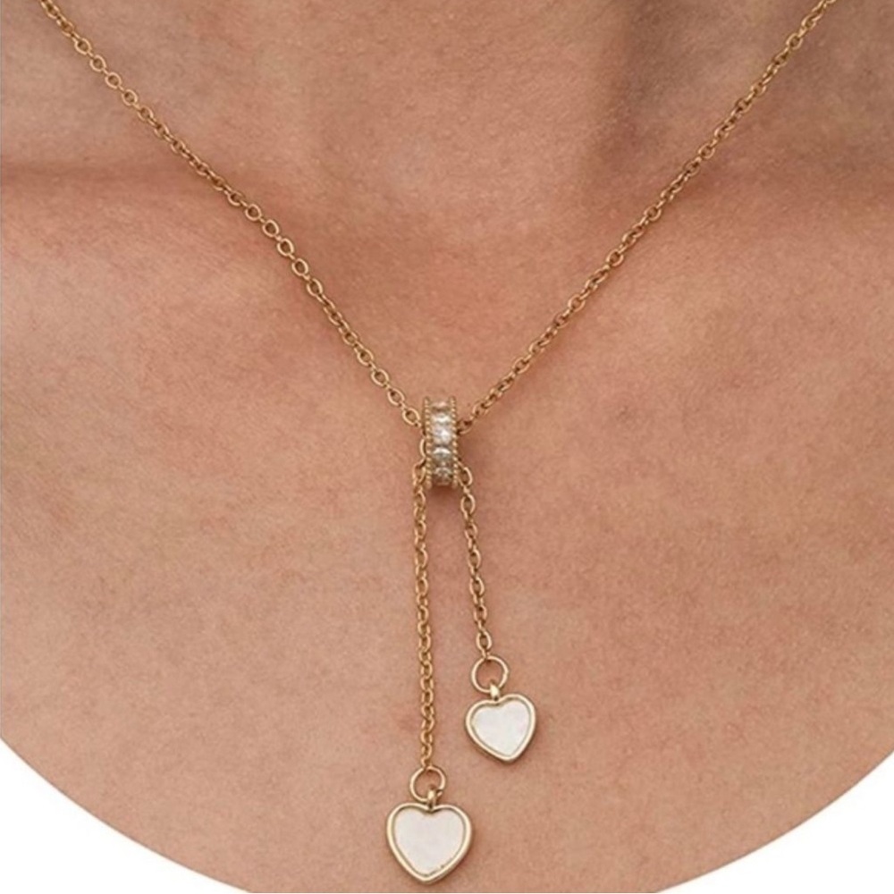 18k Gold Plated Heart Lariat Necklace | CZ Accent |